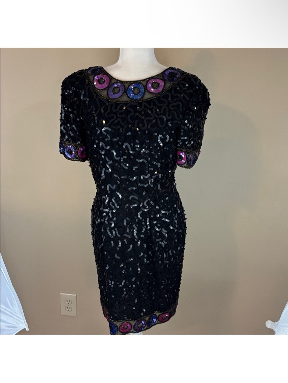 Black Sequin Cocktail Dress with Purple Accents